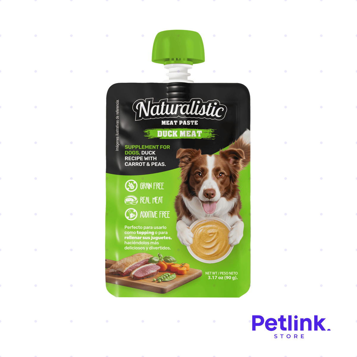 NATURALISTIC MEAT PASTE SNACK PARA PERROS DUCK MEAT RECETA PATO CON ZANAHORIAS Y ARVEJAS SOBRE 90 GRAMOS