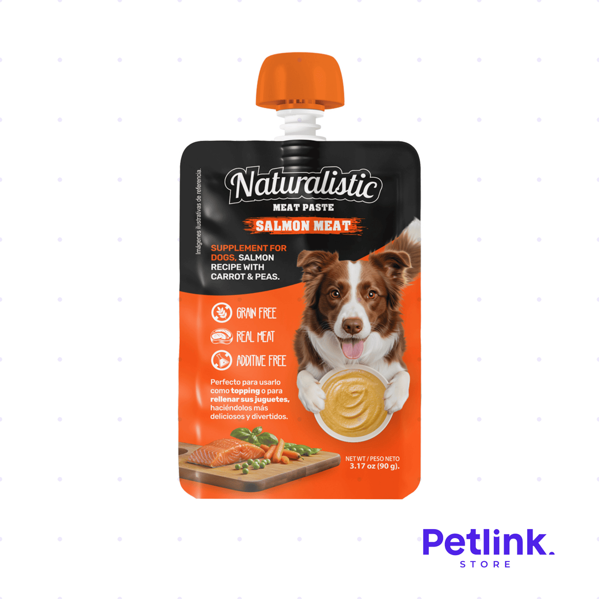 NATURALISTIC MEAT PASTE SNACK PARA PERROS SALMON MEAT RECETA SALMON CON ZANAHORIAS Y ARVEJAS SOBRE 90 GRAMOS