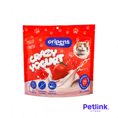 ORIGENS SNACK SECO PARA GATOS CRAZY YOGURT POLLO Y FRESA PAQUETE 20 UNIDADES