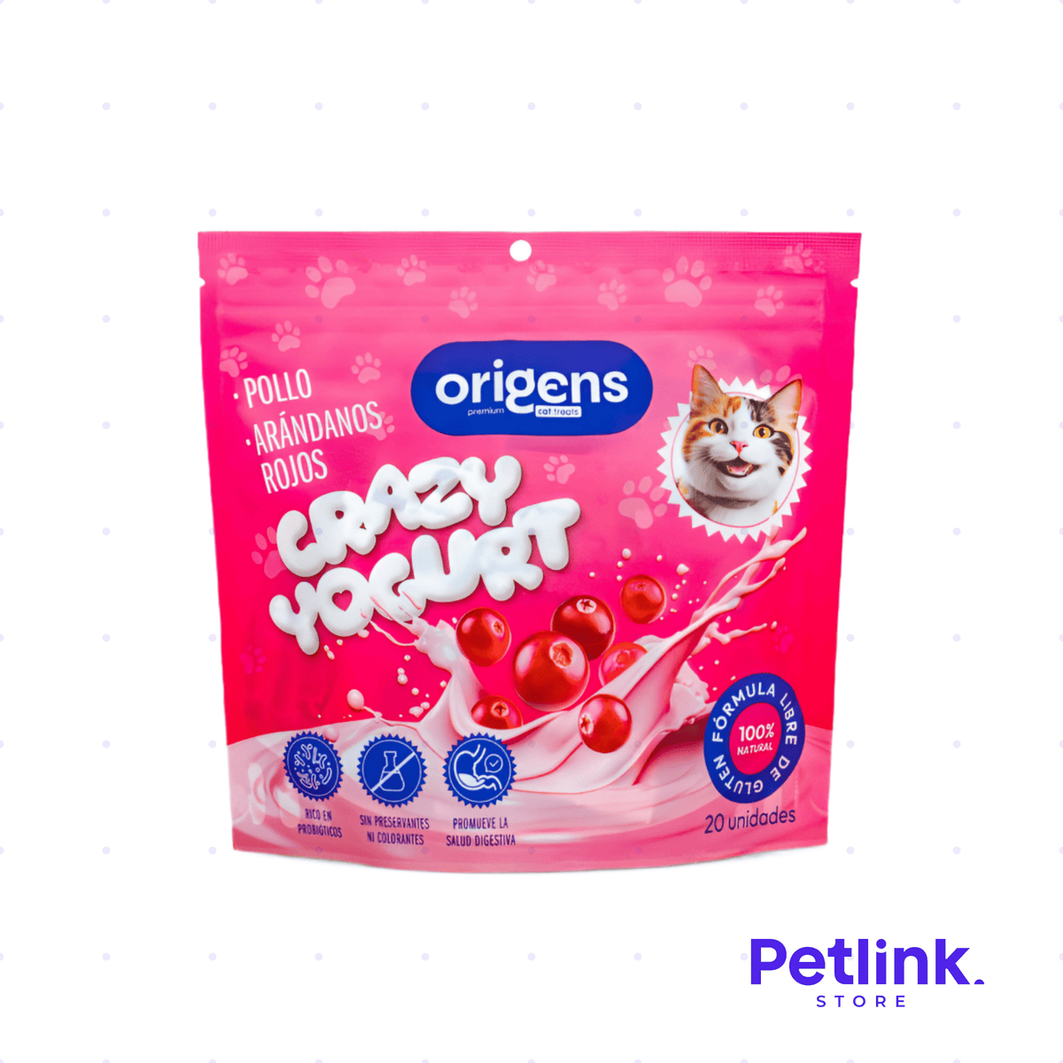 ORIGENS SNACK SECO PARA GATOS CRAZY YOGURT POLLO Y ARANDANOS ROJOS O CRANBERRIES PAQUETE 20 UNIDADES