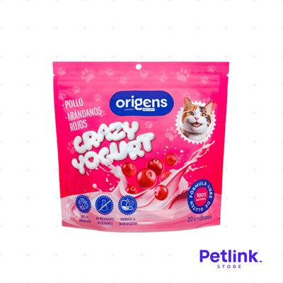 ORIGENS SNACK SECO PARA GATOS CRAZY YOGURT POLLO Y ARANDANOS ROJOS O CRANBERRIES PAQUETE 20 UNIDADES