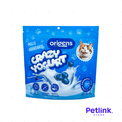 ORIGENS SNACK SECO PARA GATOS CRAZY YOGURT POLLO Y ARANDANOS O BLUEBERRIES PAQUETE 20 UNIDADES