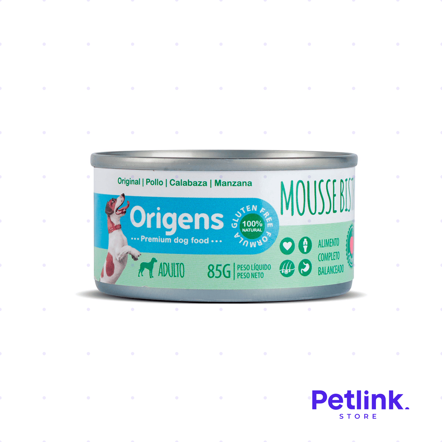 ORIGENS ALIMENTO HUMEDO PERRO ADULTO RECETA MOUSSE BISTRO FRUTADO POLLO, CALABAZA Y MANZANA LATA 85 GRAMOS