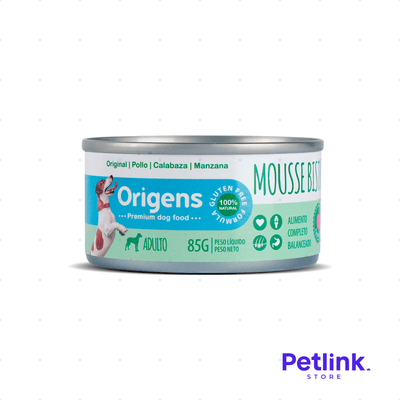 ORIGENS ALIMENTO HUMEDO PERRO ADULTO RECETA MOUSSE BISTRO FRUTADO POLLO, CALABAZA Y MANZANA LATA 85 GRAMOS