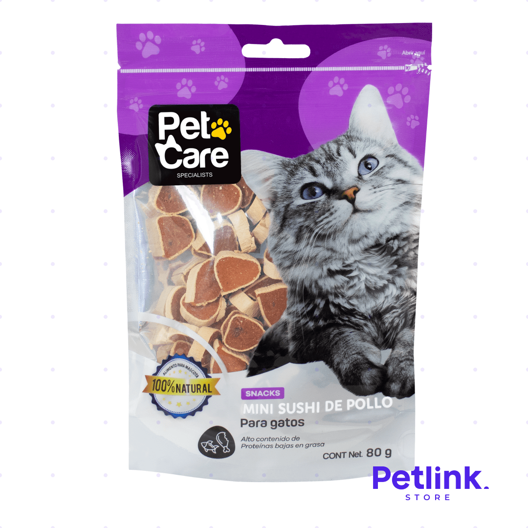 PETCARE SNACK SECO PARA GATOS RECETA MINI SUSHI DE POLLO PAQUETE 80 GRAMOS