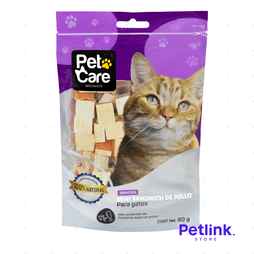 PETCARE SNACK SECO PARA GATOS RECETA MINI SANDWICH DE POLLO PAQUETE 80 GRAMOS