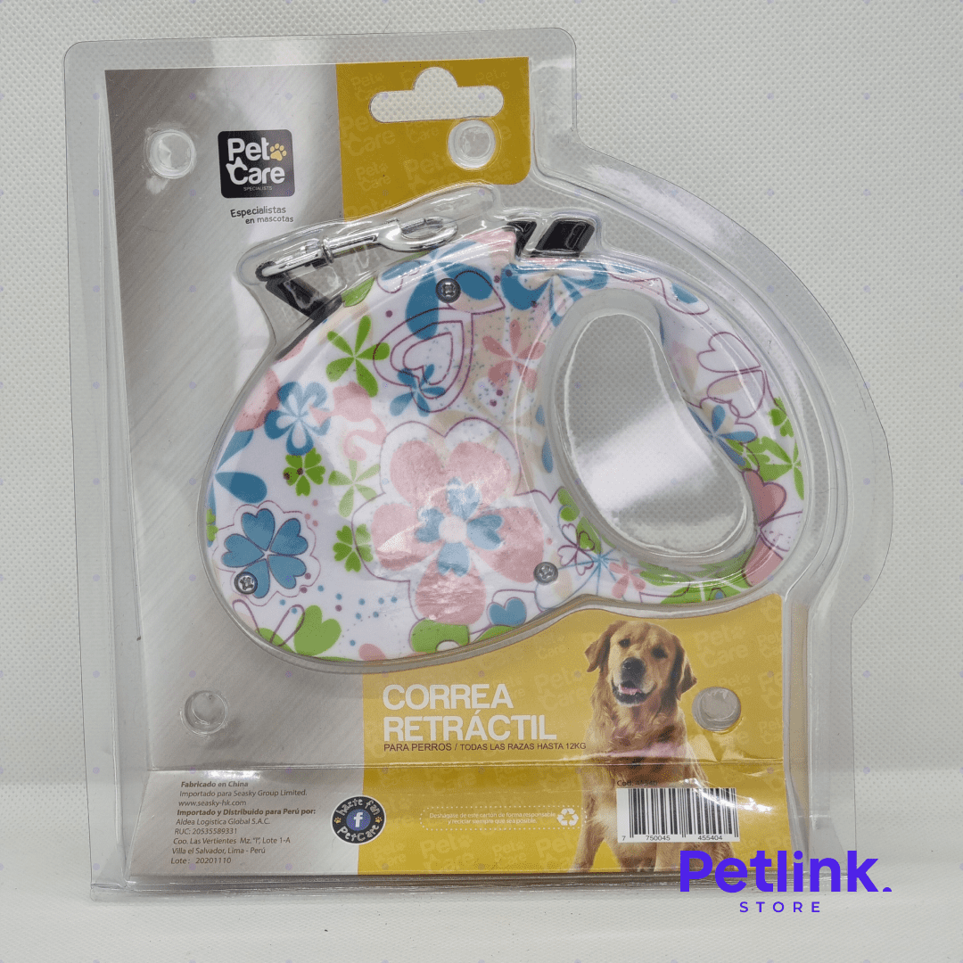 PETCARE CORREA RETRACTIL CON SISTEMA DE FRENADO PARA PERRO TODAS LAS RAZAS HASTA 12KG DISEÑO DE FLORES