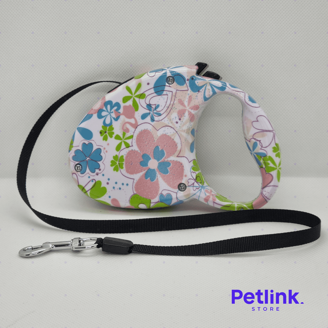 PETCARE CORREA RETRACTIL CON SISTEMA DE FRENADO PARA PERRO TODAS LAS RAZAS HASTA 12KG DISEÑO DE FLORES