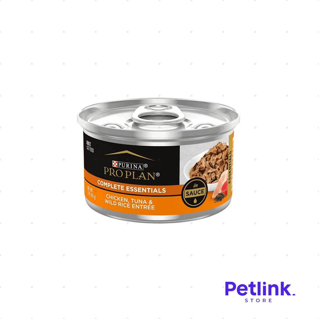 PROPLAN COMPLETE ESSENTIALS ALIMENTO HUMEDO PARA GATO RECETA POLLO, ATUN Y ARROZ SALVAJE EN SALSA LATA 85 GRAMOS