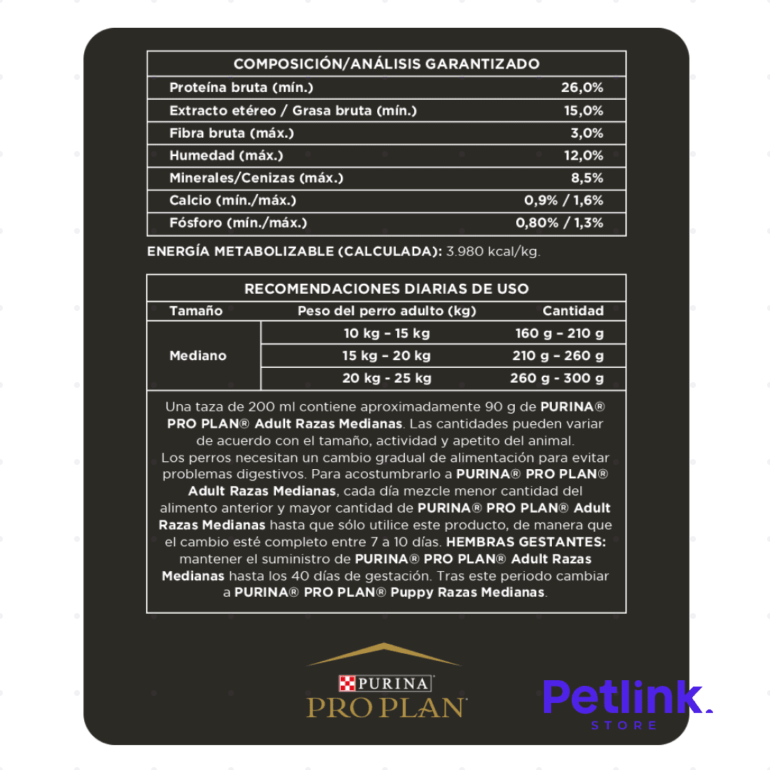 PROPLAN ALIMENTO SECO PERRO ADULTO RAZA MEDIANA RECETA POLLO BOLSA 15 KILOS