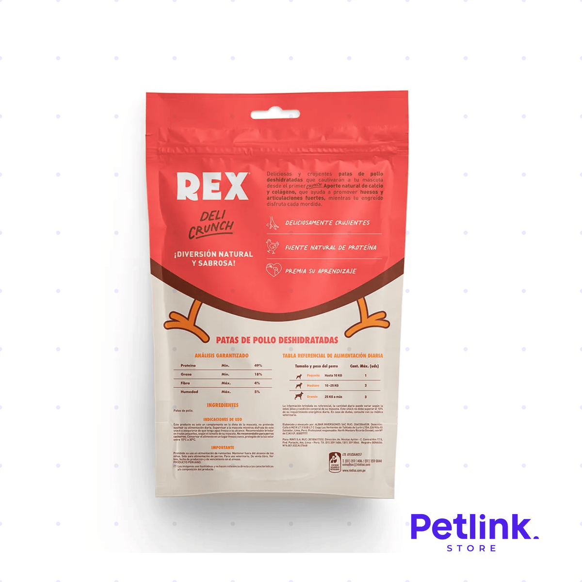 REX DELICRUNCH SNACK SECO PERRO ADULTO TODAS LAS RAZAS PATAS DE POLLO DESHIDRATADAS PAQUETE 10 UNIDADES
