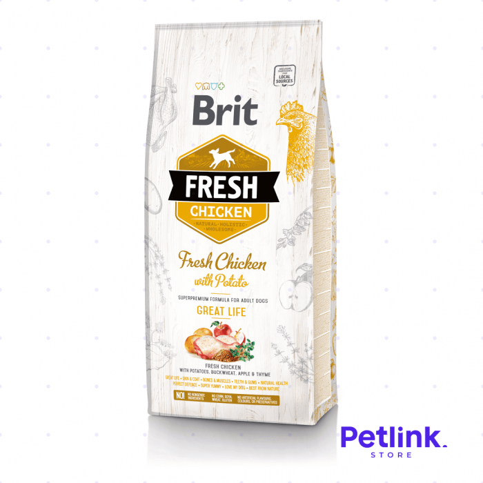 BRIT FRESH ALIMENTO SECO PERRO ADULTO TODAS LAS RAZAS FORMULA POLLO FRESCO, PAPAS, TRIGO, MANZANA Y TOMILLO BOLSA 12 KILOS