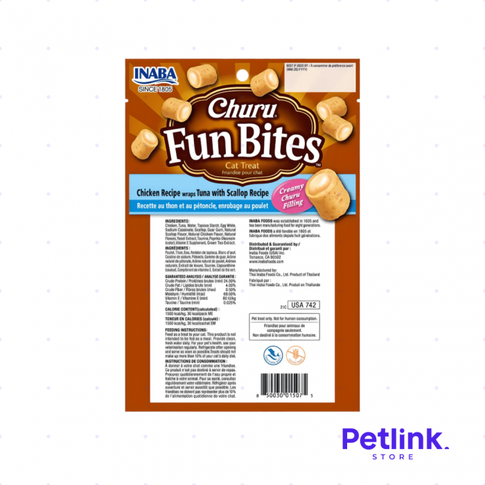 CHURU FUN BITES SNACK PARA GATOS SABOR POLLO CON ATUN Y CONCHAS DE ABANICO