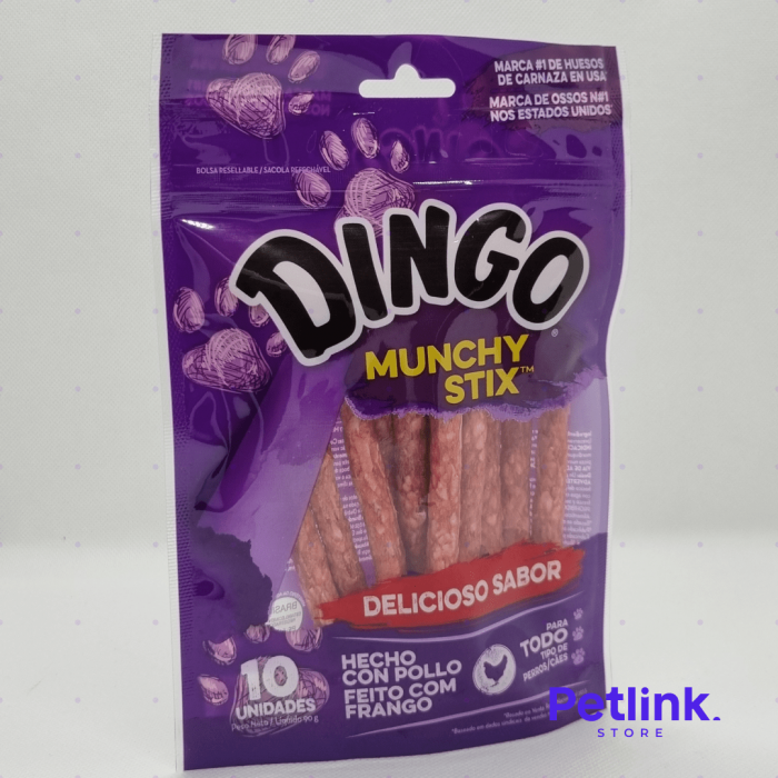 DINGO SNACK CARNAZA MUNCHY STIX PARA PERROS SABOR POLLO PAQUETE 10 UNIDADES