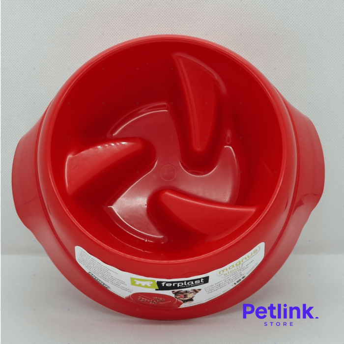 FERPLAST PLATO COMEDERO ANTIVORACIDAD ANTIDESLIZANTE PARA PERROS RAZA PEQUEÑA MODELO MAGNUS SLOW COLOR ROJO CAPACIDAD 500ML