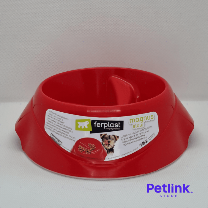 FERPLAST PLATO COMEDERO ANTIVORACIDAD ANTIDESLIZANTE PARA PERROS RAZA PEQUEÑA MODELO MAGNUS SLOW COLOR ROJO CAPACIDAD 500ML