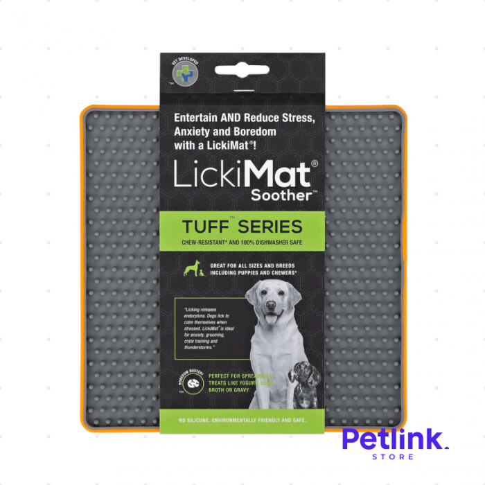 LICKIMAT PLATO ALIMENTADOR LENTO PARA PERROS MODELO SOOTHER TUFF SERIES COLOR NARANJA CON GRIS