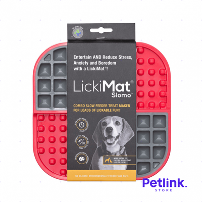 LICKIMAT PLATO ALIMENTADOR LENTO PARA PERROS MODELO SLOMO COLOR ROJO CON GRIS