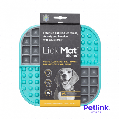 LICKIMAT PLATO ALIMENTADOR LENTO PARA PERROS MODELO SLOMO COLOR TURQUESA CON GRIS