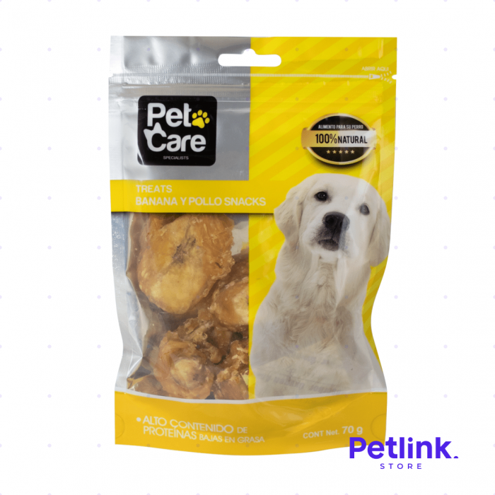 PETCARE SNACK SECO PARA PERROS TREATS BANANA Y POLLO PAQUETE 70 GRAMOS