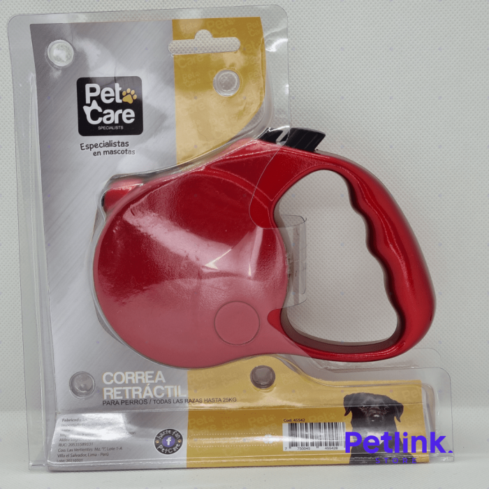 PETCARE CORREA RETRACTIL CON SISTEMA DE FRENADO PARA PERRO TODAS LAS RAZAS HASTA 25KG COLOR ROJO