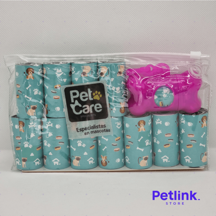 PET CARE BOLSAS BIODEGRADABLES PARA RESIDUOS DE PERRO PACK 120 BOLSAS (12 ROLLOS X 10 BOLSAS) + SURTIDOR DISPENSADOR