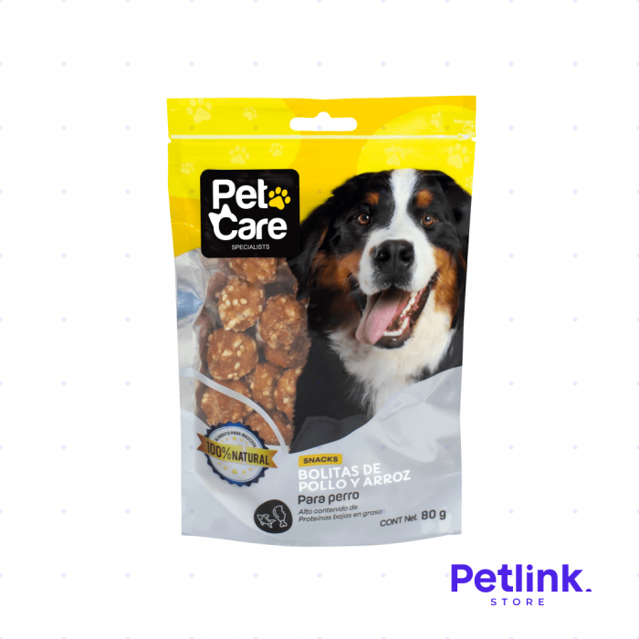 PETCARE SNACK SECO PARA PERROS BOLITAS DE POLLO Y ARROZ PAQUETE 80 GRAMOS