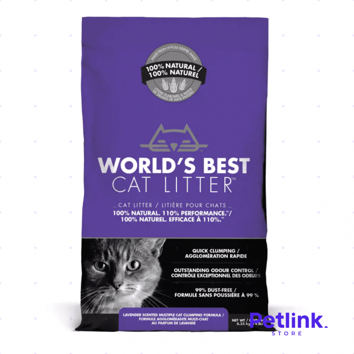 WORLDS BEST CAT LITTER ARENA PARA MULTIPLES GATOS AGLUTINANTE CONTROL DE OLOR AROMA LAVANDA BOLSA 6.35 KILOS