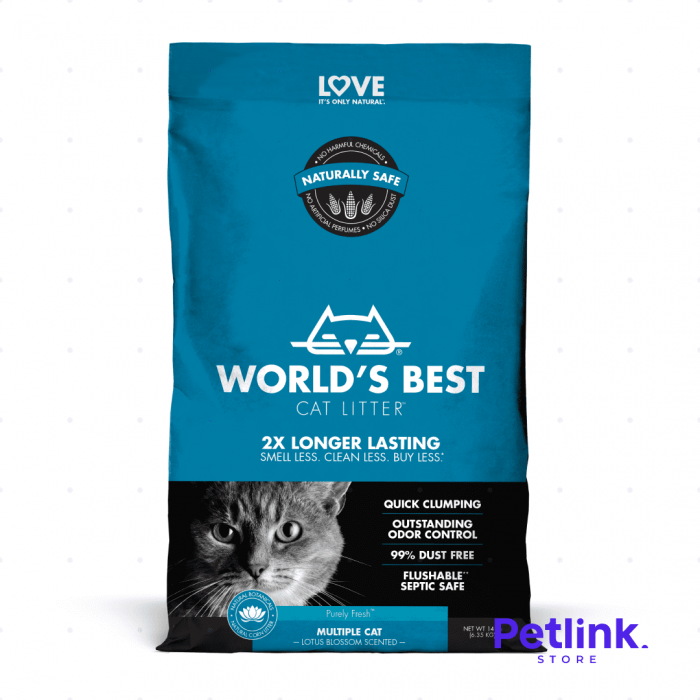 WORLDS BEST CAT LITTER ARENA PARA MULTIPLES GATOS AGLUTINANTE CONTROL DE OLOR AROMA FLOR DE LOTO BOLSA 6.35 KILOS