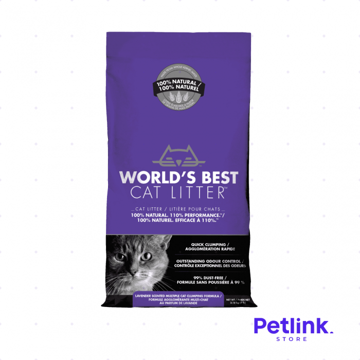 WORLDS BEST CAT LITTER ARENA PARA MULTIPLES GATOS AGLUTINANTE CONTROL DE OLOR AROMA LAVANDA BOLSA 3.18 KILOS